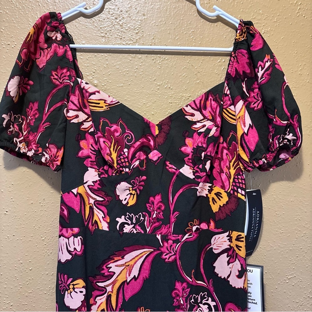 Adrianna Papell Floral Puff Sleeve Midi Dress Pink Black Sweetheart Neck NWT 6 - Picture 6 of 11